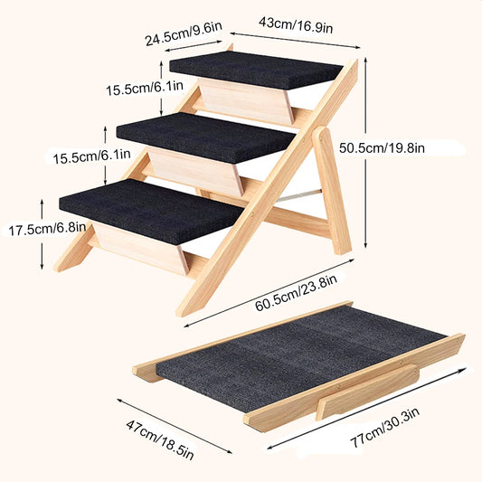 Foldable Wooden Dog Stairs (3-Step) – Non-Slip Carpeted Steps for Bed & Couch