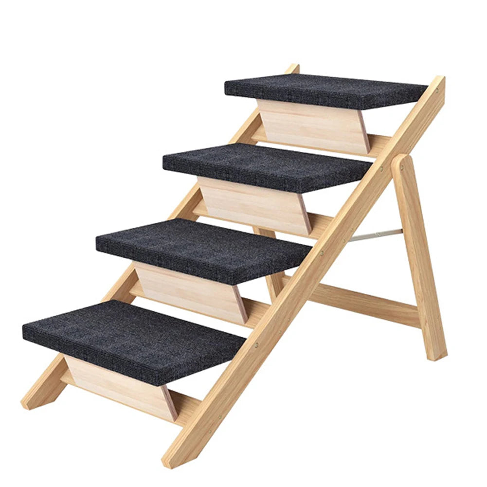 Foldable Wooden Dog Stairs (4-Step) Non-Slip Carpeted Steps for High Beds & Couches