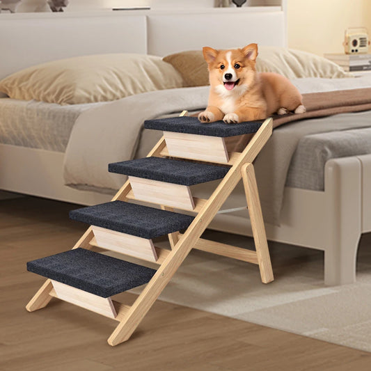 Foldable Wooden Dog Stairs (4-Step) Non-Slip Carpeted Steps for High Beds & Couches