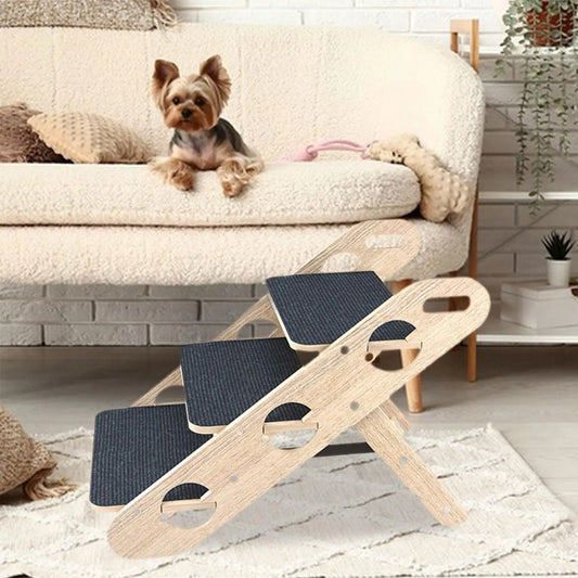 Foldable Wooden Dog Stairs (3-Step) – Non-Slip Carpeted Steps for Bed & Sofa