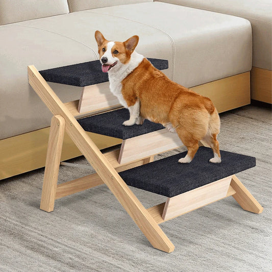 Foldable Wooden Dog Stairs (3-Step) – Non-Slip Carpeted Steps for Bed & Couch